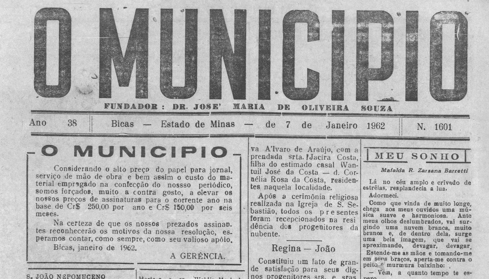 Leia mais sobre o artigo Há 60 anos, em 07/01/1962, O MUNICÍPIO publicava: Formandos / Ginásio Francisco Peres / Casamentos / Coluna Carnavalesca