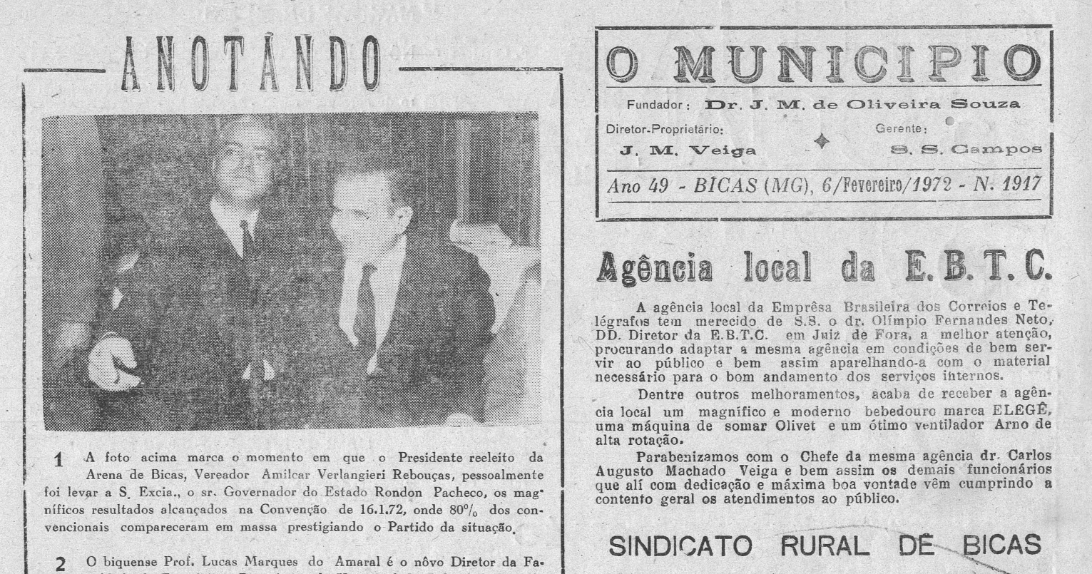 Leia mais sobre o artigo Há 50 anos, em 06/02/1972, O MUNICÍPIO publicava: Anotando /Agência dos Correios / Coluna Social (José Maria Ramos) / Sindicato Rural