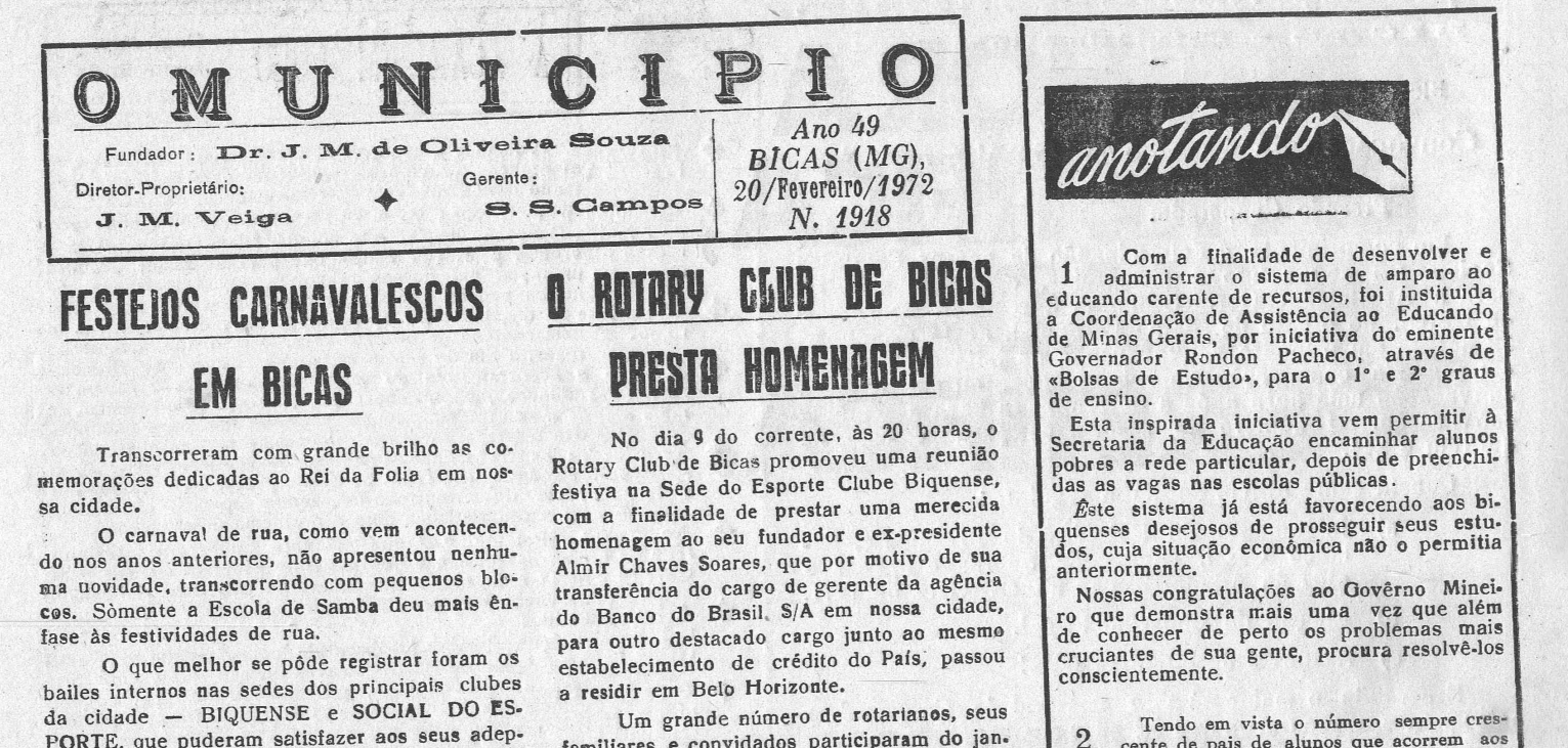 Leia mais sobre o artigo Há 50 anos, em 20/02/1972, O MUNICÍPIO publicava: Notícias da Prefeitura / Festejos Carnavalescos / Anotando / Rotary Club