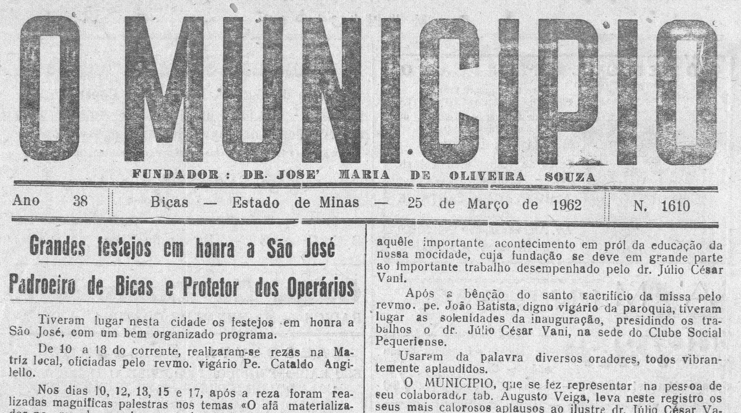 Leia mais sobre o artigo Há 60 anos, 25/03/1962, O MUNICÍPIO publicava: Festejos de São José / Garrincha em Bicas