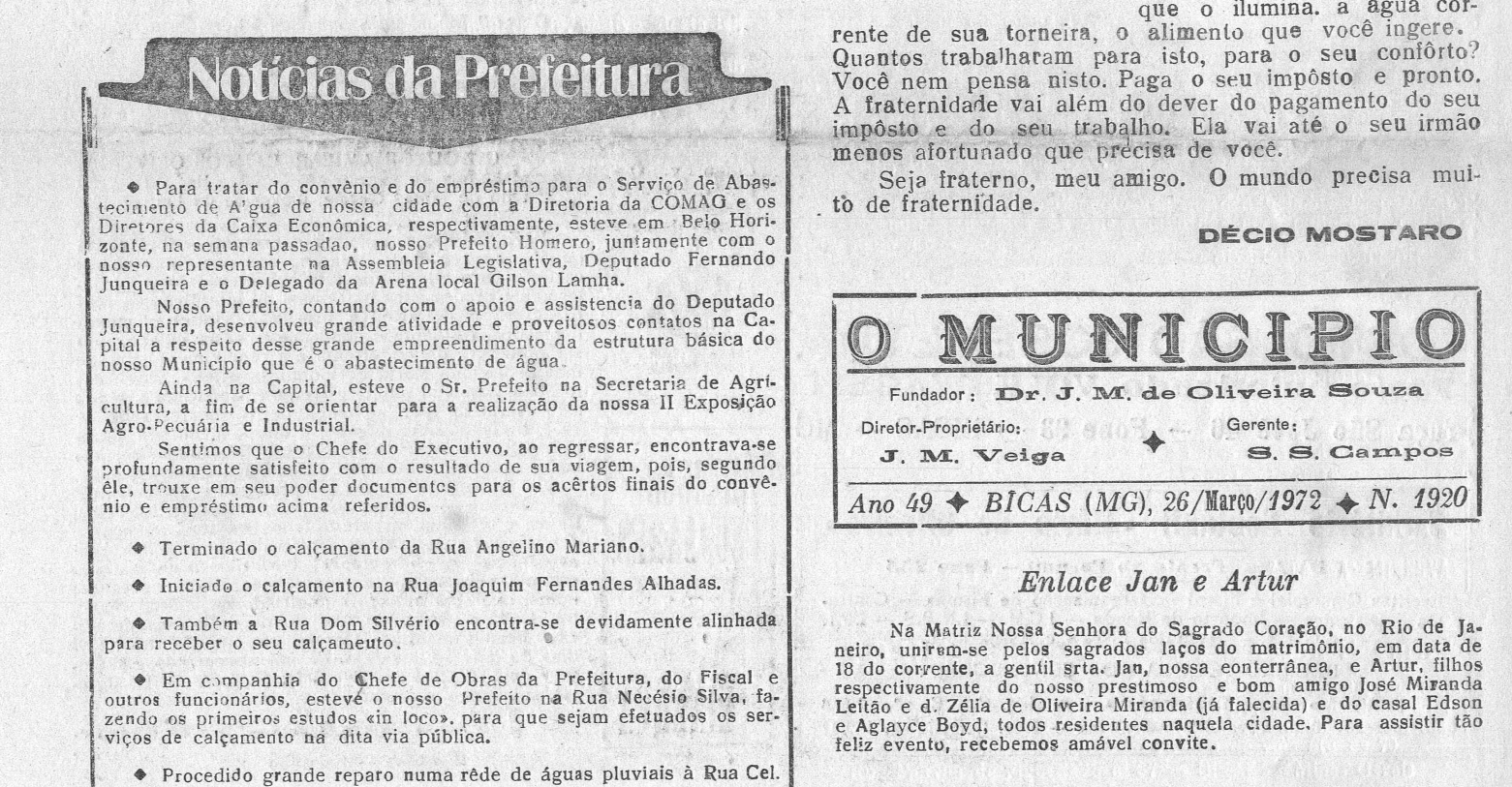 Leia mais sobre o artigo Há 50 anos, em 26/03/1972, O MUNICÍPIO publicava: Notícias da Prefeitura / Coluna Social (José Maria Ramos) / Anotando / Notícias da Paróquia