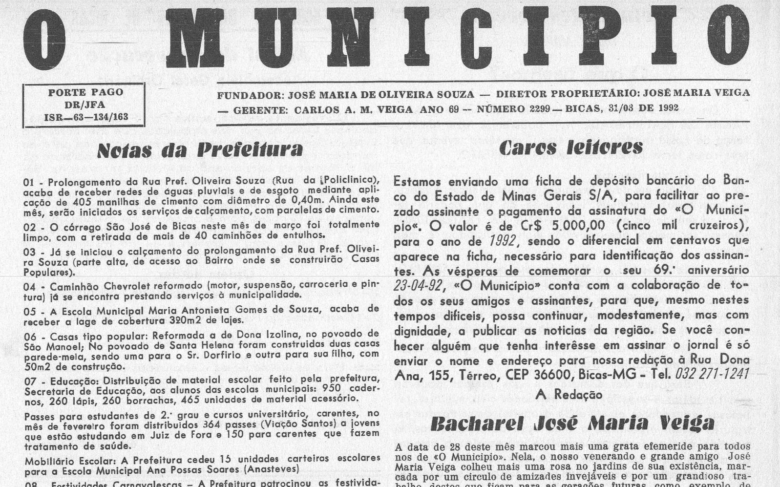 Leia mais sobre o artigo Há 30 anos, em 31/03/1992, O MUNICÍPIO publicava: Notícias da Prefeitura / Bacharel José Maria Veiga / GERAIS (Zé Arnaldo)
