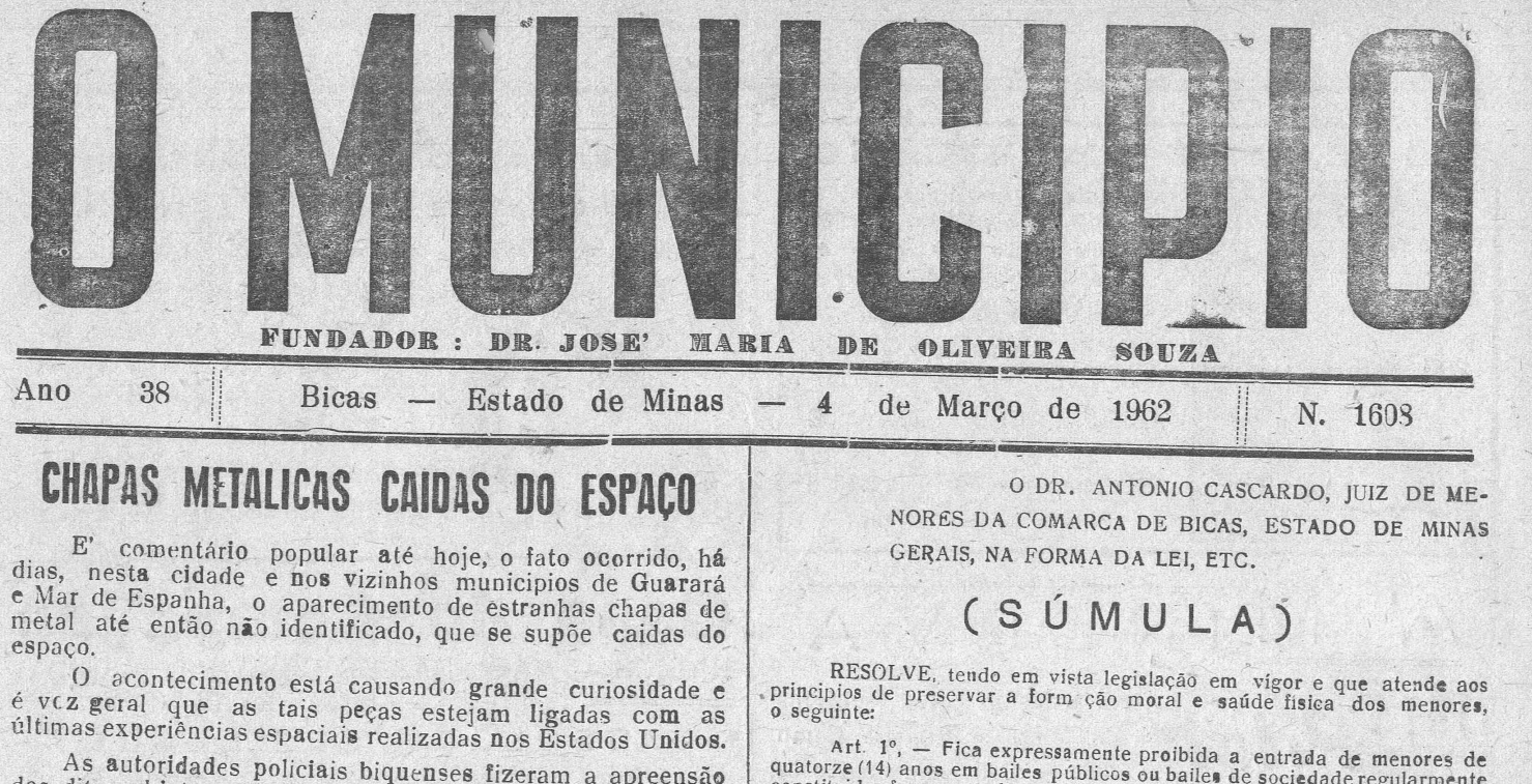 Leia mais sobre o artigo Em 04/03/1962, O MUNICÍPIO publicava:  Chapas metálicas caídas do espaço / Melhoramentos para Bicas / Coluna Carnavalesca / Súmula: normas legais para o carnaval