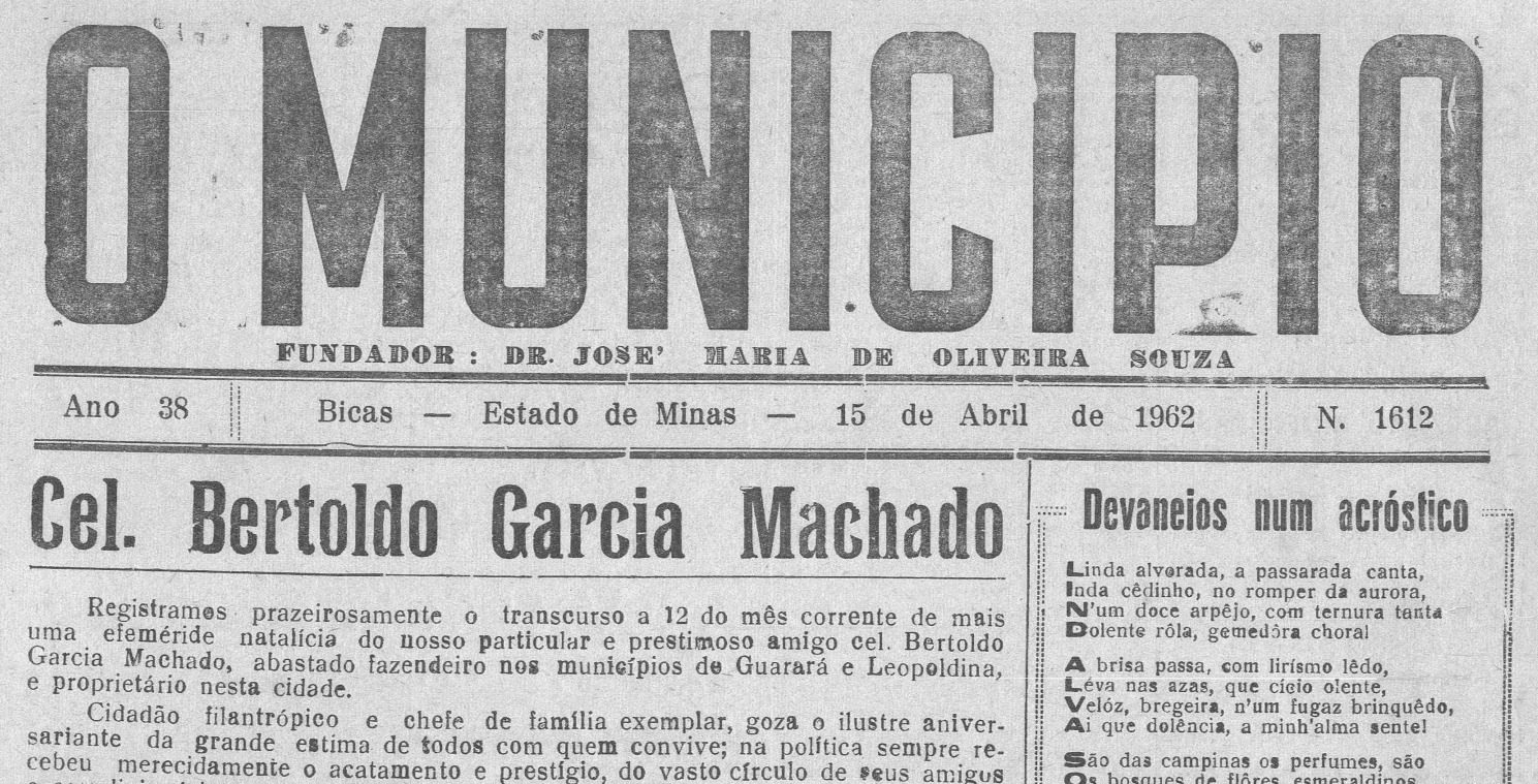 Leia mais sobre o artigo Há 60 anos em 15/04/1962, O MUNICÍPIO publicava: Cel. Bertoldo Garcia Machado / Vida Esportiva / Grêmio Literário