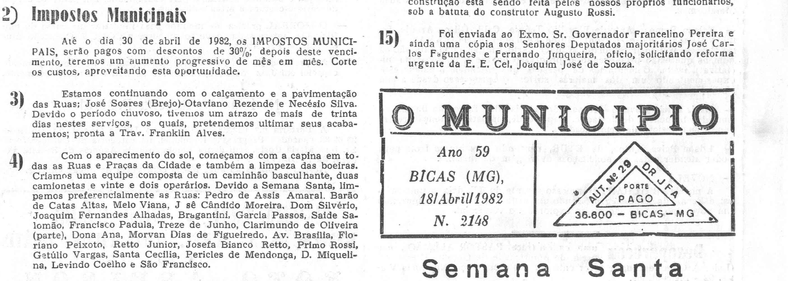 Leia mais sobre o artigo Há 40 anos, em 18/04/1982, O MUNICÍPIO publicava: Notícias da Prefeitura / Semana Santa / Coluna do Paulo Cesar Rossi