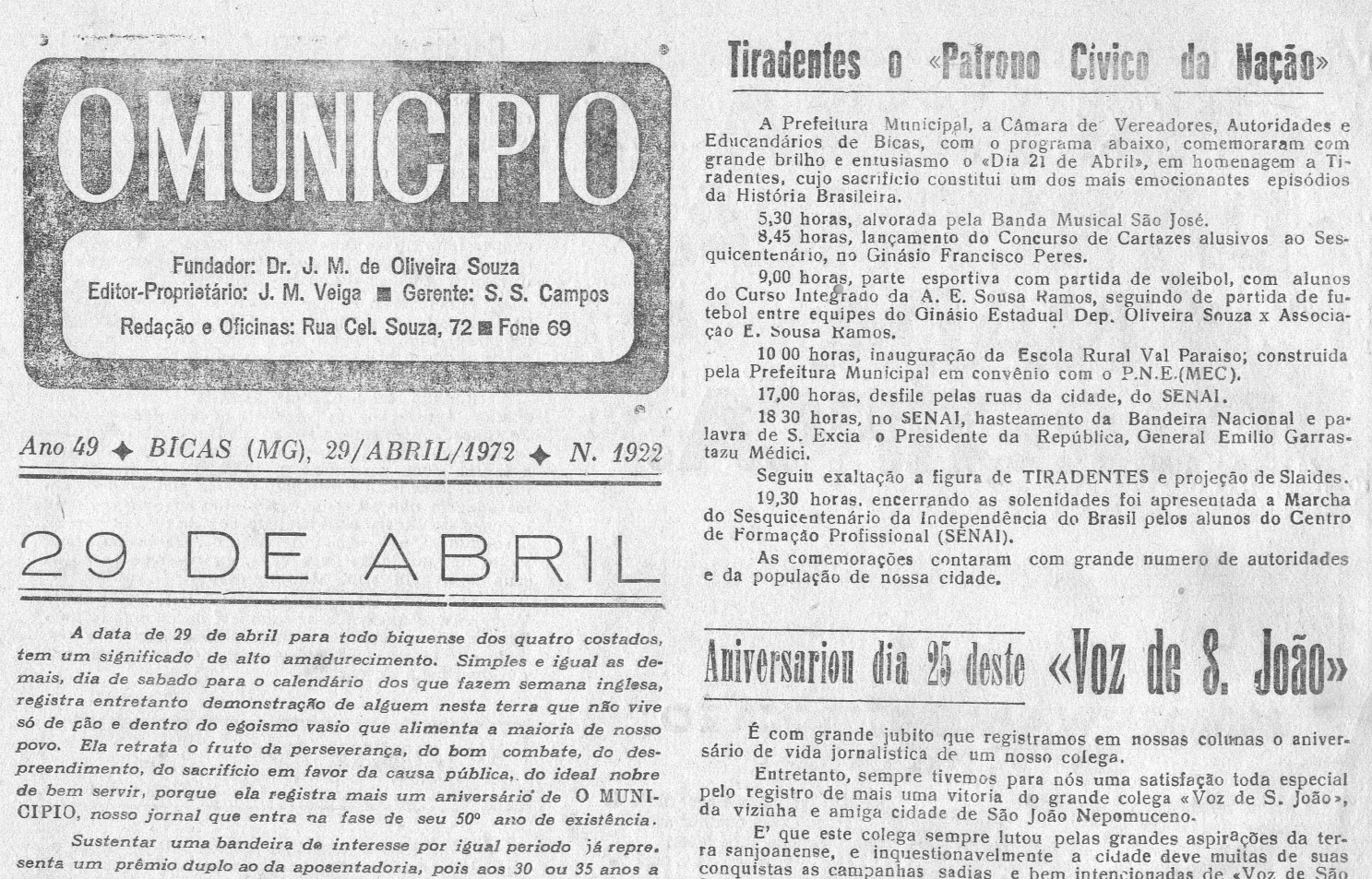 Leia mais sobre o artigo Há 50 anos, em 29/04/1972, O MUNICÍPIO publicava: 29 de abril / Notícias da Paróquia / Casamentos / ACAR em foco