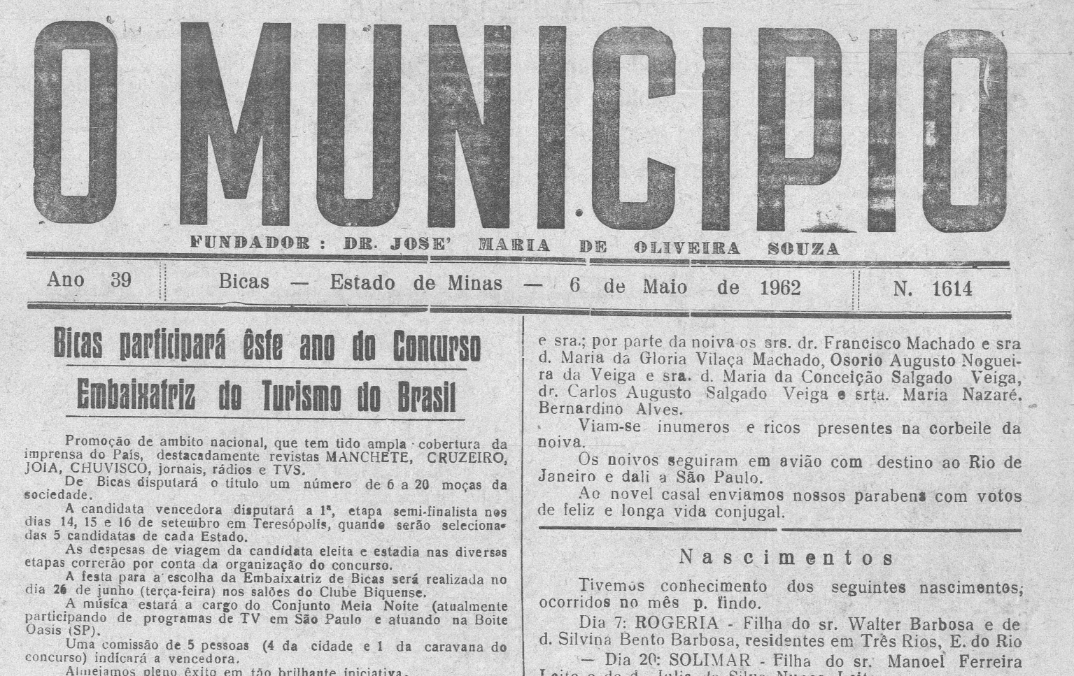 Leia mais sobre o artigo Há 60 anos, em 05/05/1962, O MUNICÍPIO publicava: Concurso Embaixatriz do Turismo / Vida Esportiva / Carta de Mãe (Serzedelo Louro Neto)