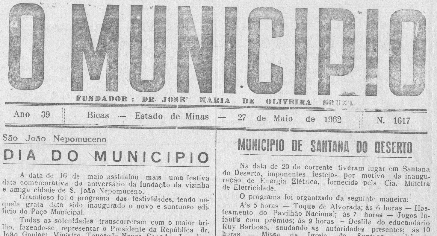 Leia mais sobre o artigo Há 60 anos, em 27/05/1962, O MUNICÍPIO publicava: Município de Santana do Deserto / Nova Agência do Banco Comércio / Concurso da Coletoria Federal / Vida Esportiva