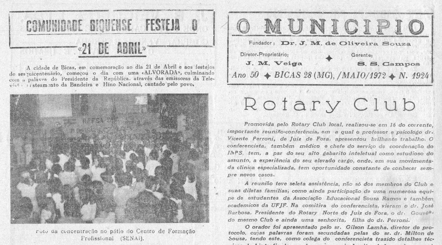 Leia mais sobre o artigo Há 50 anos, em 28/05/1972, O MUNICÍPIO publicava: Bicas festeja o 21 de Abril / Rotary Club / Liga Amadorista Biquense / Artigo Gilson Lamha / Visitas ilustres