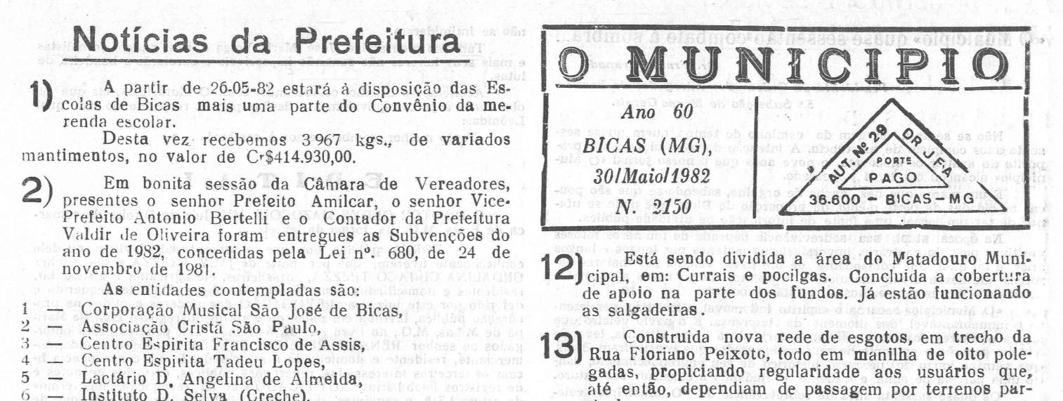 Leia mais sobre o artigo Há 40 anos, em 30/05/1982, O MUNÍCIPIO publicava: Notícias da Prefeitura / O Município quase setentão (Frank Granado) / Clube Biquense