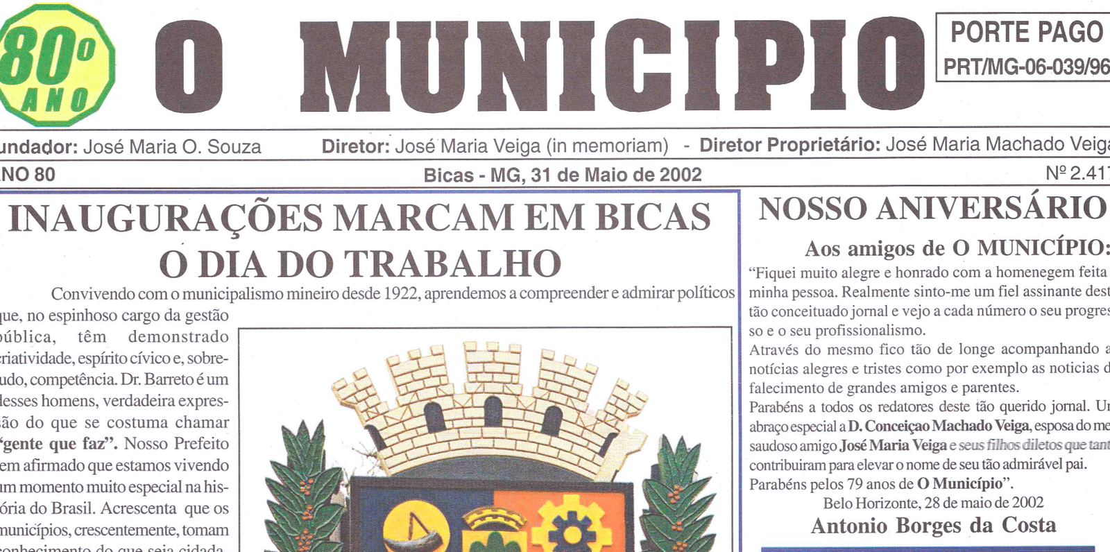 Leia mais sobre o artigo Há 20 anos, em 31/05/2002, O MUNÍCIPIO publicava: Inaugurações marcam em Bicas o Dia do Trabalho / Nosso Aniversário / Crônicas / Sociais
