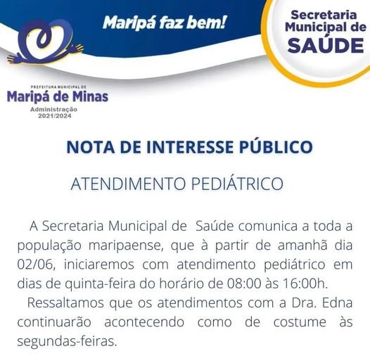 Leia mais sobre o artigo Nota de interesse público: Atendimento pediátrico em Maripá de Minas