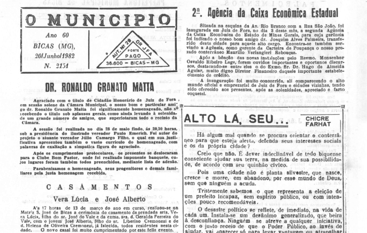 Leia mais sobre o artigo Há 40 anos, em junho de 1982, O MUNICÍPIO publicava: Dr. Ronaldo Granato Matta / 2ª Agência da Caixa Econômica Estadual / Alto lá (Chicre Farhat)