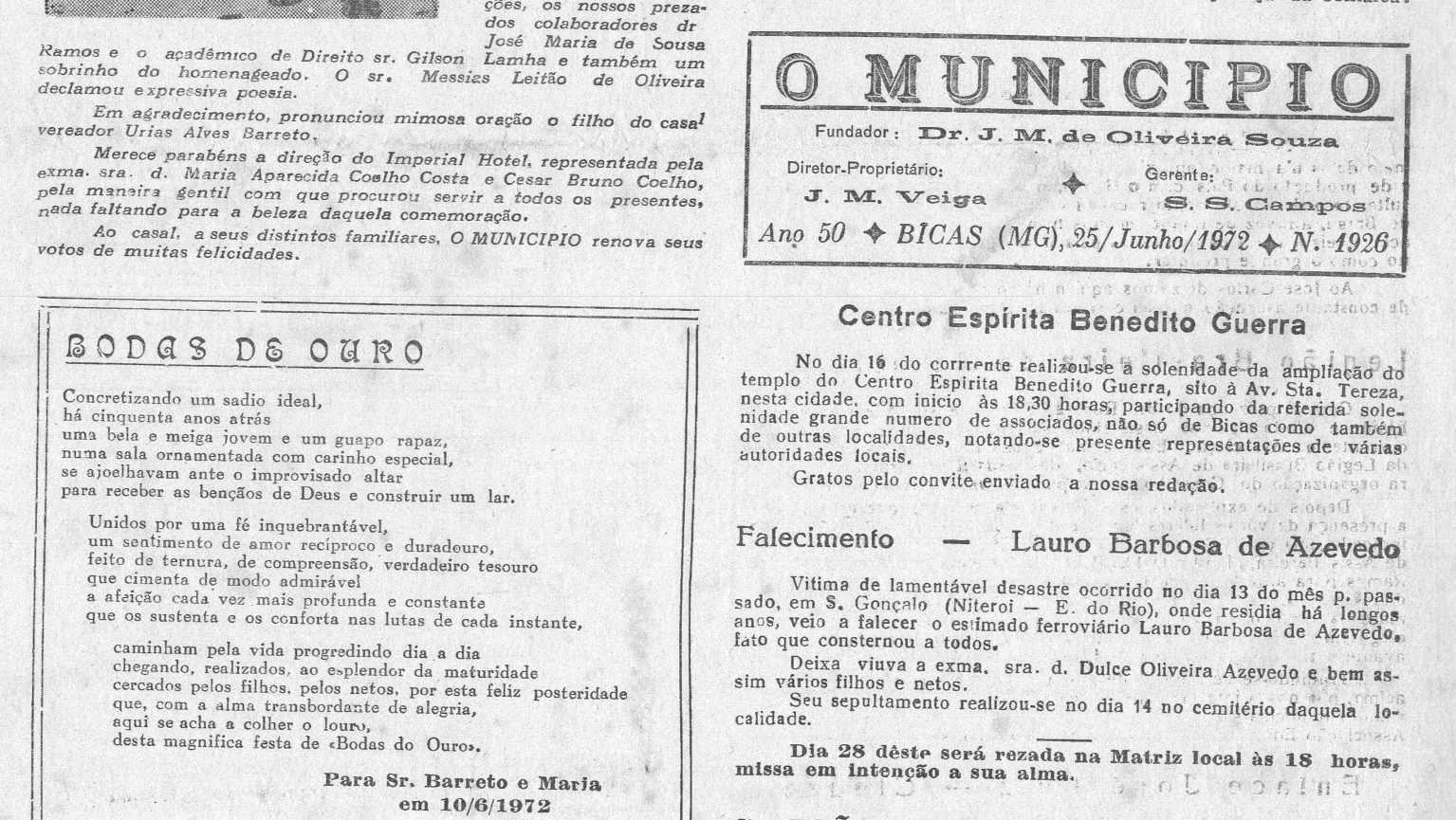 Leia mais sobre o artigo Há 50 anos, em 25/06/1972, O MUNICÍPIO publicava: Bodas de Ouro: Carlos Barreto – Maria da Glória / Dr. Waldir Novelino / Honra ao Mérito: José Carlos Penchel / Rotary distribui agasalhos