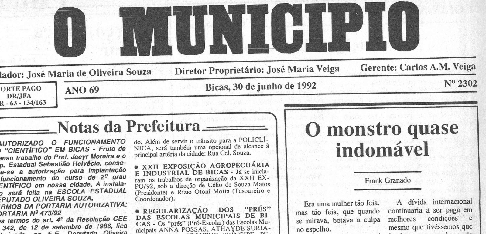 Leia mais sobre o artigo Há 30 anos, em 30/06/1992, O MUNICÍPIO publicava: Notas da Prefeitura / GERAIS (Zé Arnaldo) / Há 50 anos… / Crônicas / Futebol Soçaite