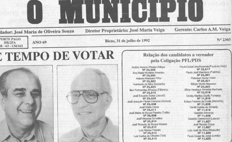 Leia mais sobre o artigo Há 30 anos, em 31/07/1992, O MUNICÍPIO publicava: É tempo de Votar / Notícias da Prefeitura / Rotary Club / GERAIS (Zé Arnaldo) / Há 50 anos… / Casamento: Salma – Zé Arnaldo