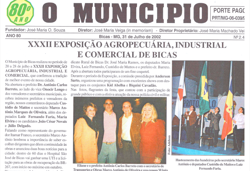 Leia mais sobre o artigo Há 20 anos, em 31/07/2002, O MUNICÍPIO publicava: XXXII Expo Bicas / Lar Cristão Paulo de Tarso / Crônicas de: Chicre Farhat, Júlio Vanni, Amílcar Rebouças, Marco Aurélio Garcia e Zé Luiz / Sociais