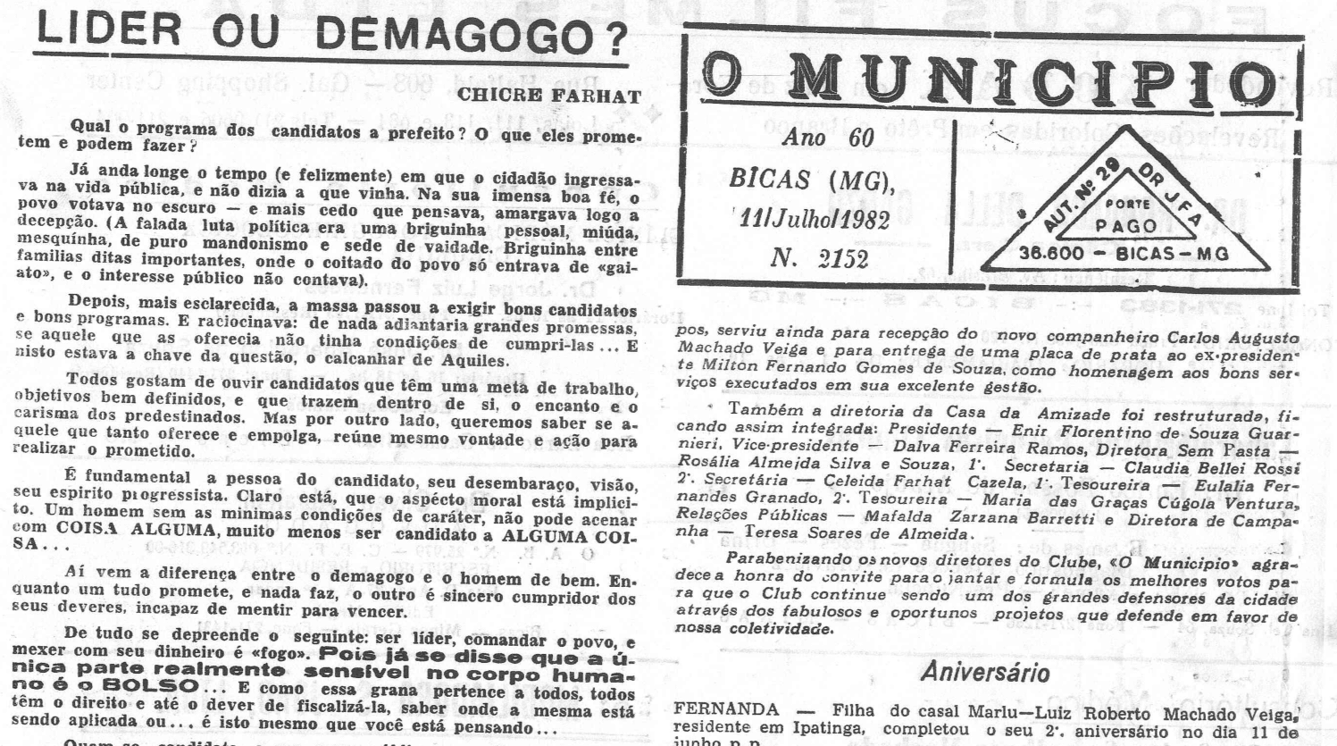 Leia mais sobre o artigo Há 40 anos, em 11/07/1982. O MUNICÍPIO publicava: Líder ou demagogo (Chicre Farhat) / Meio ambiente / Rotary Club