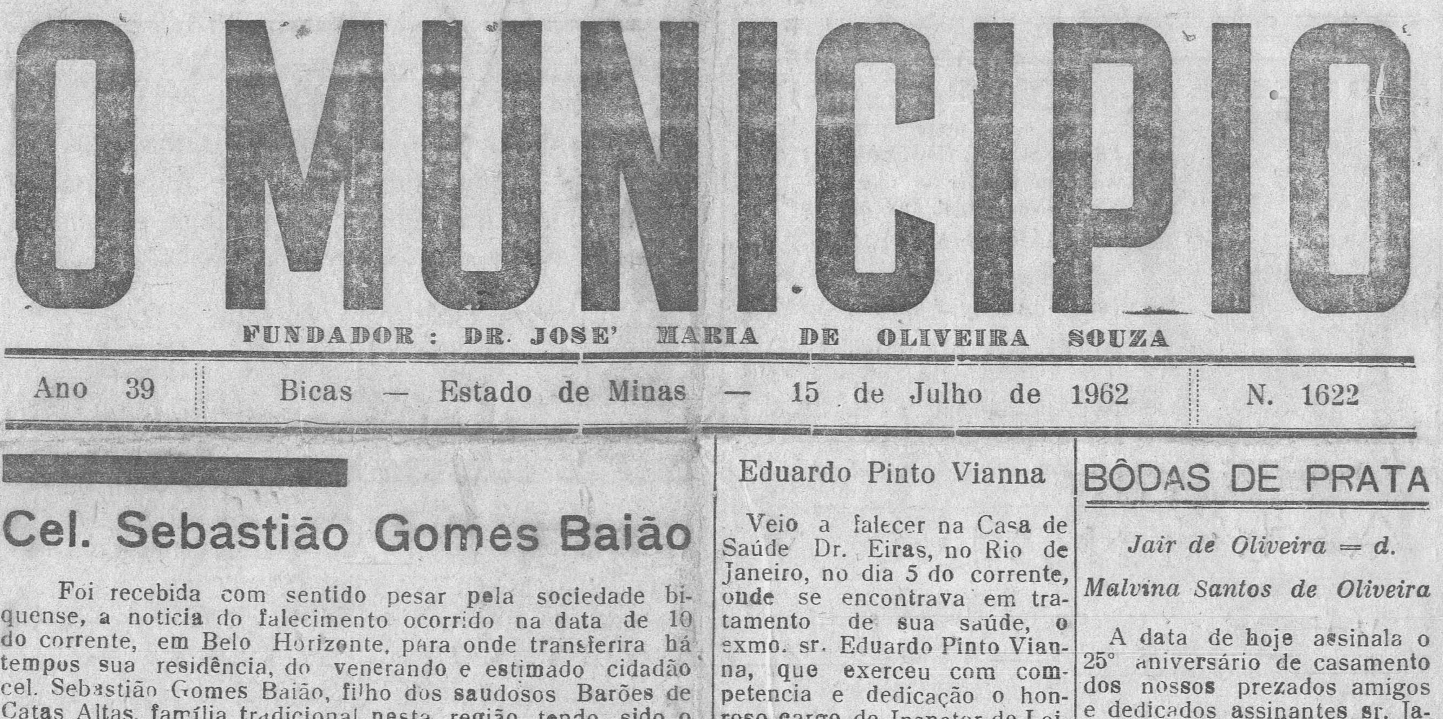 Leia mais sobre o artigo Há 60 anos, em 15/07/1962, O MUNICÍPIO publicava: Bodas de Prata: D. Malvina – Jair de Oliveira / Falecimentos / Vida Esportiva / João de Oliveira na Rádio Nacional