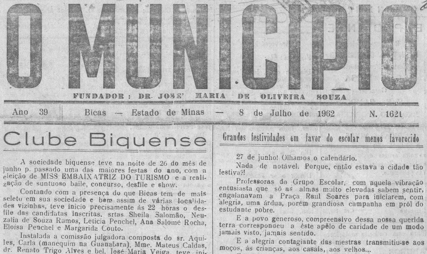 Leia mais sobre o artigo Há 60 anos, em 08/07/1962, O MUNICÍPIO publicava: Clube Biquense: Baile Embaixatriz do Turismo / Casamentos / Pela administração / Vida Esportiva
