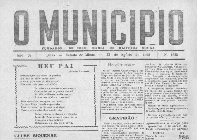 Leia mais sobre o artigo Há 60 anos, em 12/08/1962, O MUNICÍPIO publicava: Clube Biquense / Gratidão / Vida Esportiva