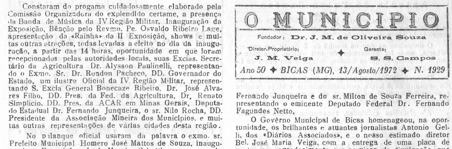 Leia mais sobre o artigo Há 50 anos, em 13/08/1972, O MUNICÍPIO publicava: II Exposição Agro-pecuária e Industrial de Bicas / II Concurso leiteiro
