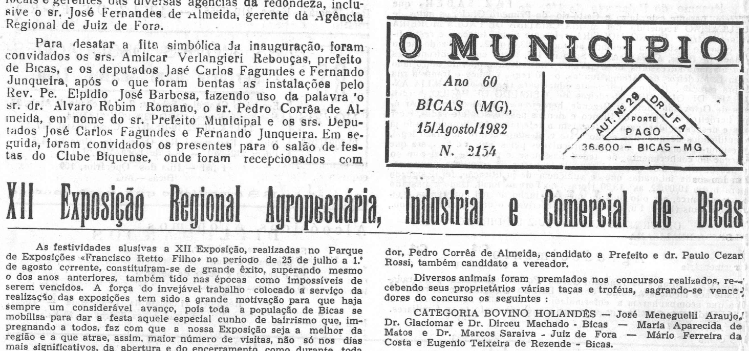 Leia mais sobre o artigo Há 40 anos, em 15/08/1982, O MUNICÍPIO publicava: Caixa Econômica Federal / XII Expo/Bicas / Diplomandos: Neusélia de Souza Ramos e Walter Luiz Moura Lhamas