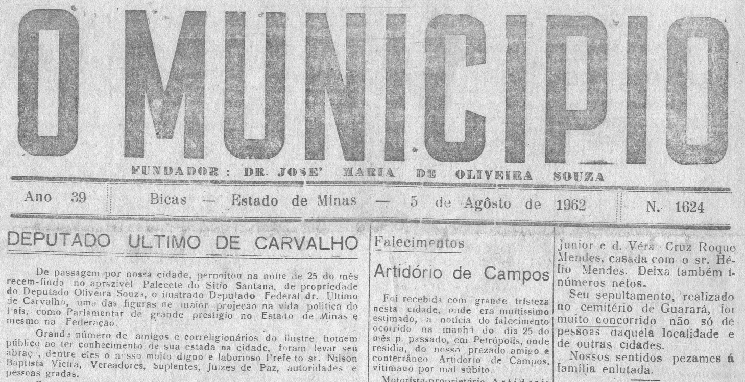 Leia mais sobre o artigo Há 60 anos, em 05/08/1962, O MUNICÍPIO publicava: Deputado Último de Carvalho / Vida Esportiva / Nascimentos