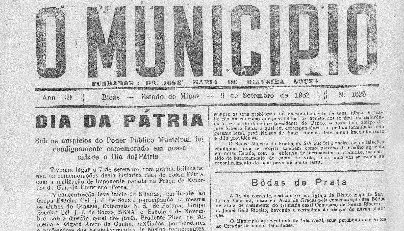 Leia mais sobre o artigo Há 60 anos, em 09/09/1962, O MUNICÍPIO publicava: Dia da Pátria / Falecimento do Cel. José Alfredo Garcia / Sociais / Campeonato da LAB