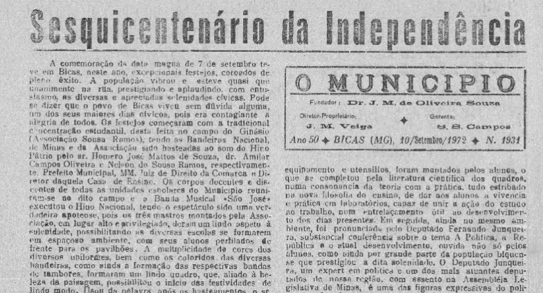 Leia mais sobre o artigo Há 50 anos, em 10/09/1972, O MUNICÍPIO publicava: Sesquicentenário da Independência / Notícias da Paróquia / Trágico acidente de carro com Dalton Curzio