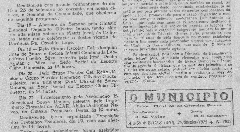 Leia mais sobre o artigo Há 50 anos, em 24/09/1972, O MUNICÍPIO publicava: Semana da comunidade / Banco Comércio e Indústria / Casamentos / Homenagem a Júlio Vanni