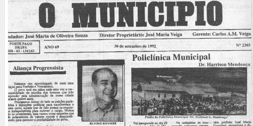 Leia mais sobre o artigo HÁ 30 anos, em 30/09/1992, O MUNICÍPIO publicava: Policlínica Municipal / Notas da Prefeitura / Há 50 anos / GERAIS (Zé Arnaldo)