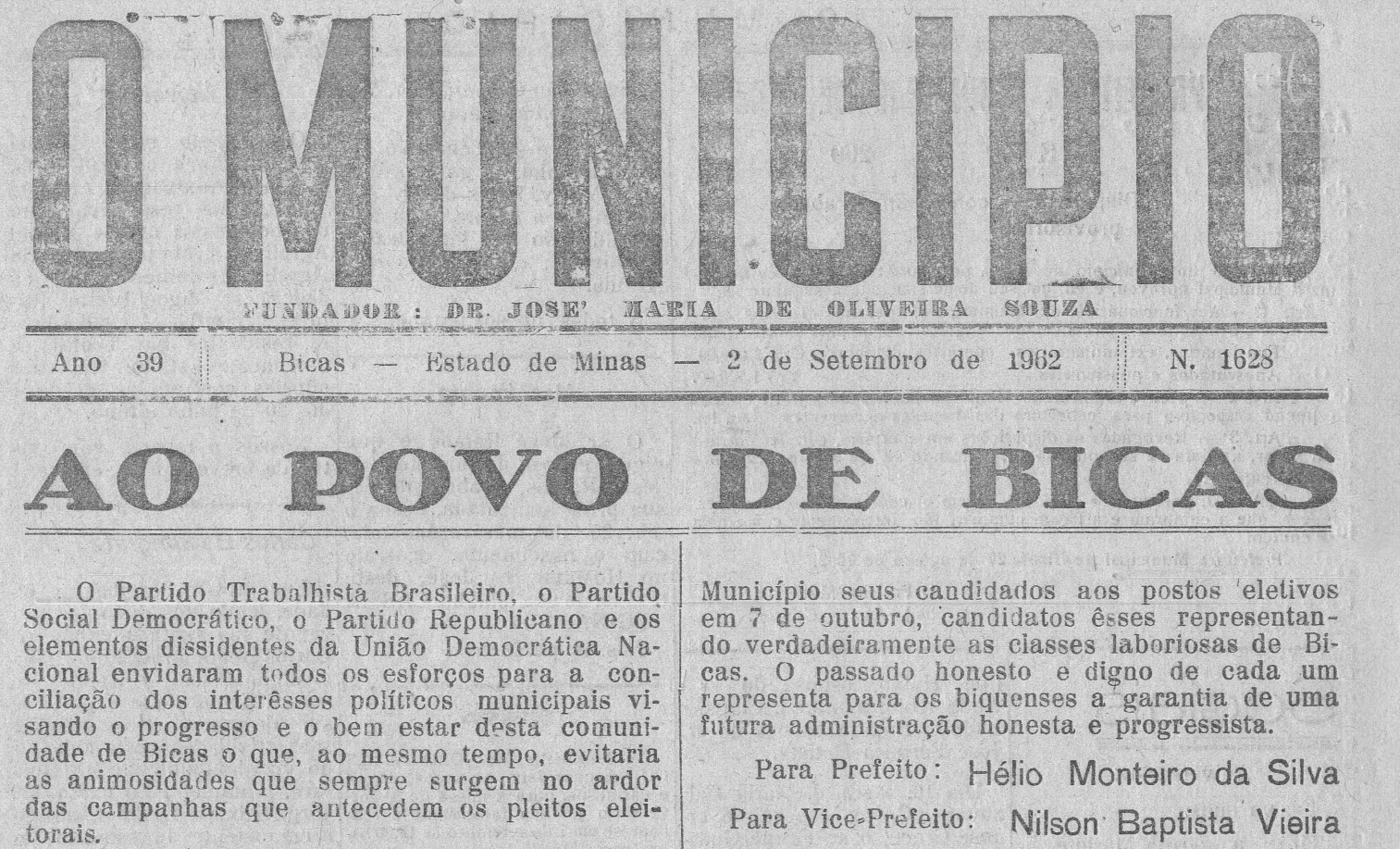 Leia mais sobre o artigo Há 60 anos, em 02/09/1962, O MUNICÍPIO publicava: Ao povo de Bicas / Vida Esportiva / Dr. Sebastião Campos / Dr. Nélio Monteiro da Silva