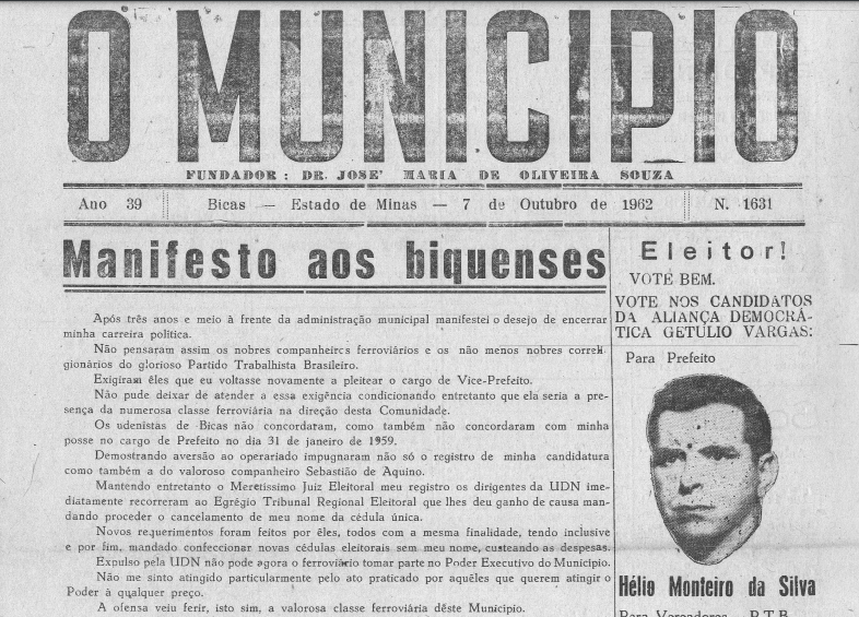 Leia mais sobre o artigo Há 60anos, em 07/10/1962, O MUNICÍPIO publicava: Manifesto aos biquenses / Pela administração / Vida Esportiva