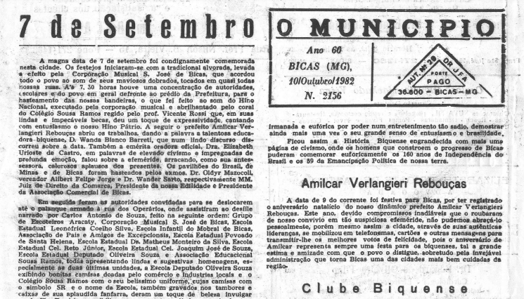 Leia mais sobre o artigo Há 40 anos, em 31/10/1982, O MUNICÍPIO publicava:  Pedro, o Primeiro / 7 de setembro / Clube Biquense