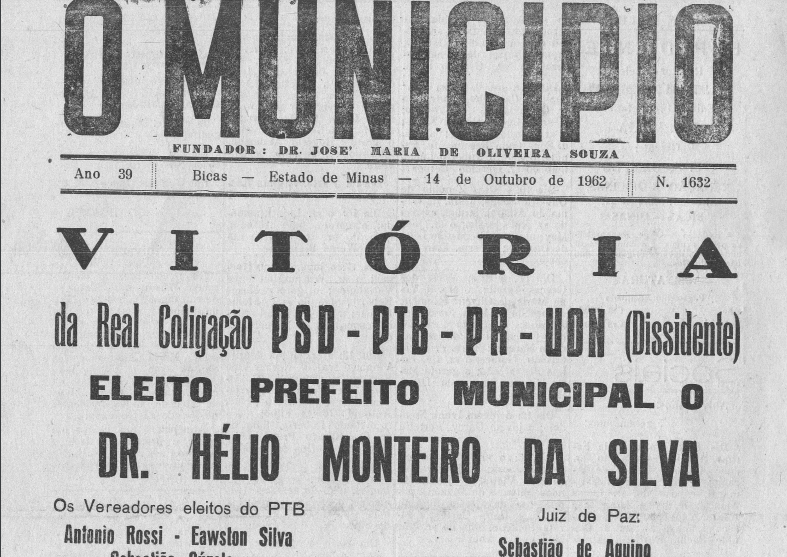 Leia mais sobre o artigo Em 14/10/1962, O MUNICÍPIO publicava: Vitória da coligação PSD-PTB-PR-UDN (Dissidente) / Vida Esportiva / Bodas de Prata Sacerdotais / Casamentos: Dilva e Roberto e Cléa Maria e Célio