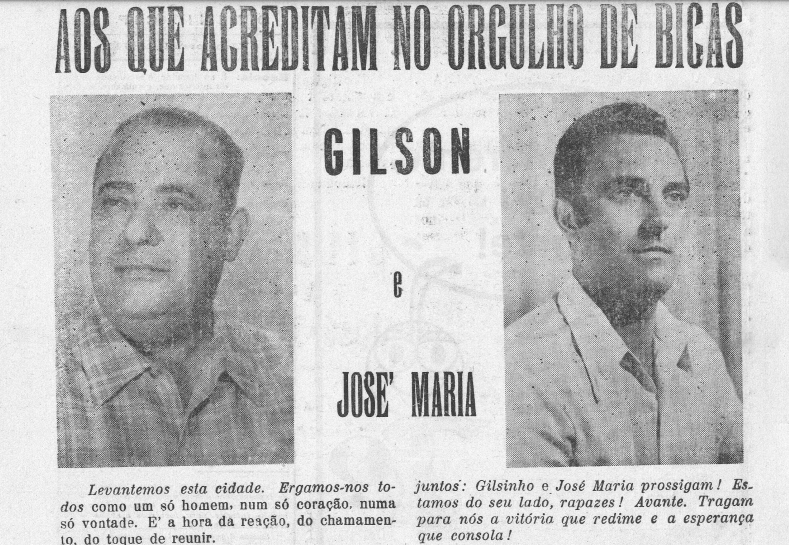 Leia mais sobre o artigo Há 50 anos, em 22/10/1972, O MUNICÍPIO publicava: Gilson e José Maria / Esporte festejou a grande conquista / Mensagem ao povo de Bicas