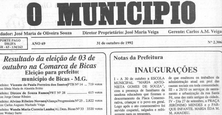 Leia mais sobre o artigo Há 30 anos, em 31/10/1992, O MUNICÍPIO publicava: Resultado da eleição na Comarca de Bicas / Notas da prefeitura / Festa Destaques 1991 / Bodas de Ouro Iná e Eurico Possas de Araújo