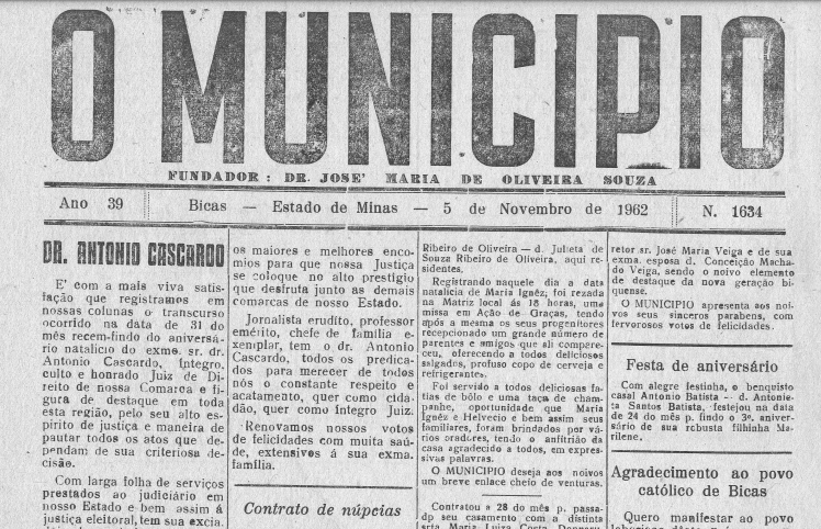 Leia mais sobre o artigo Há 60 anos, em 05/11/1962, O MUNICÍPIO publicava:  Dr. Antônio Cascardo / Agradecimento / Resultado geral da eleição em Bicas