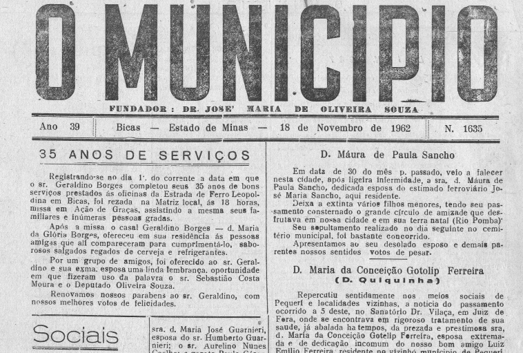 Leia mais sobre o artigo Há 60 anos, em 18/11/1962, O MUNICÍPIO publicava: 35 anos de serviços / Administração municipal / Vida Esportiva / Falecimentos
