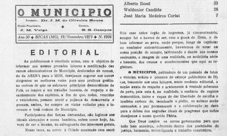 Leia mais sobre o artigo Há 50 anos, em 19/11/1972, O MUNICÍPIO publicava: Resultado da eleição em Bicas / Resultado da eleição em Pequeri / Melhoramentos na Sede do Esporte / Lamentável acidente