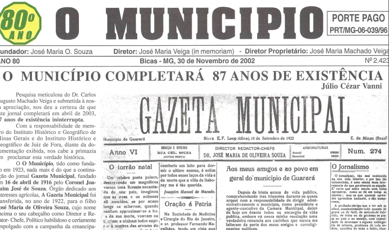 Leia mais sobre o artigo HÁ 20 anos, em 30/11/2002, O MUNICÍPIO publicava: O Município completará 87 anos (Júlio Vanni) / Prof. José Cúgola (Chicre Farhat / Crônicas de Frank Granado, Nelson Ramos, Marco Aurélio Garcia e Amílcar Rebouças / Sociais