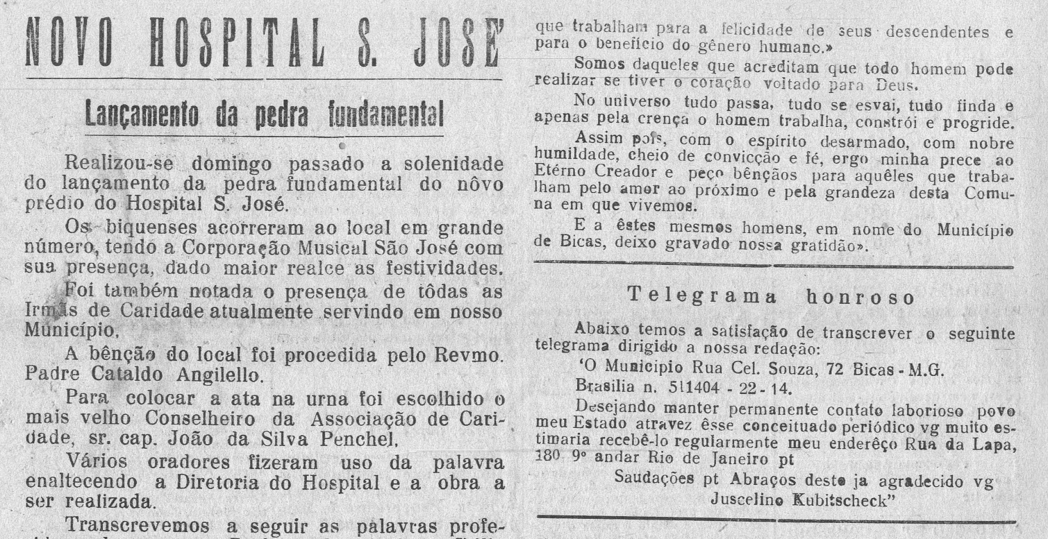 Leia mais sobre o artigo Há 60 anos, em 02/06/1963, O MUNICÍPIO publicava: Pedra fundamental do Novo Hospital S. José / Telegrama Honroso / Vida Esportiva