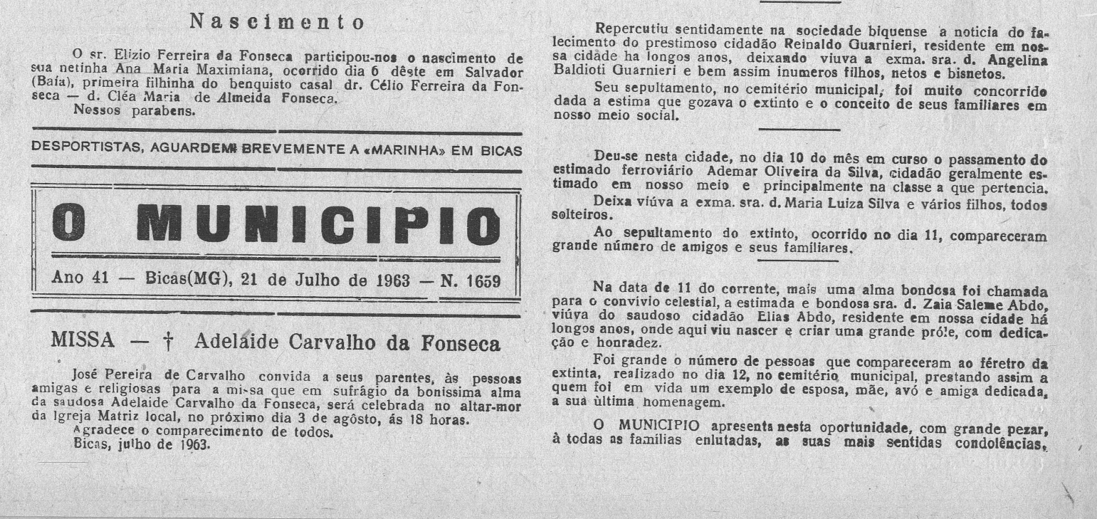 Leia mais sobre o artigo Há 60 anos, em 21/07/1963, O MUNICÍPIO publicava: Comemorado o 43º aniversário do Sport Clube Biquense / Vida Esportiva / Sociais