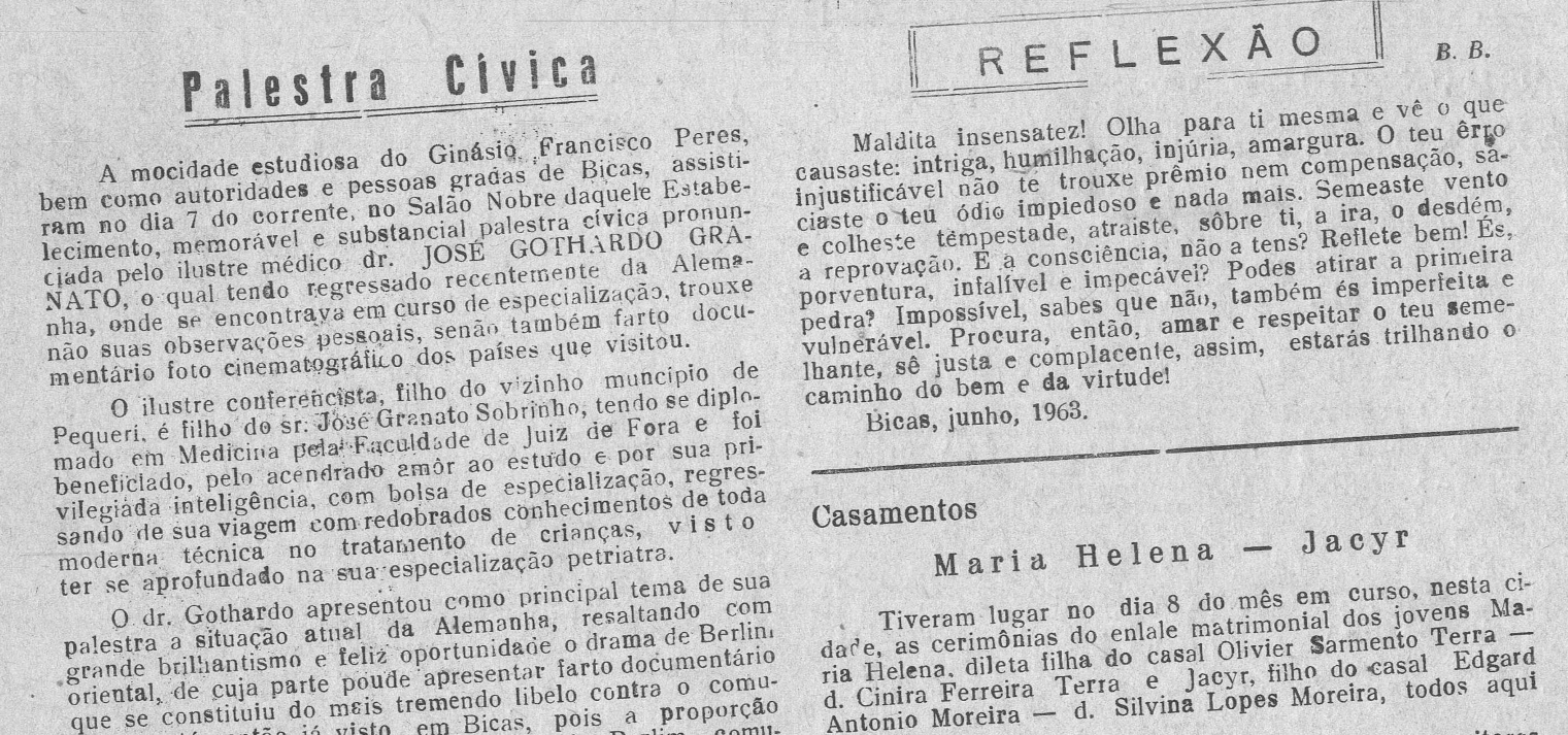Leia mais sobre o artigo Há 60 anos, em 23/06/1963, O MUNICÍPIO publicava: Palestra Cívica / Casamentos / Vida Esportiva / Noivados / Sociais