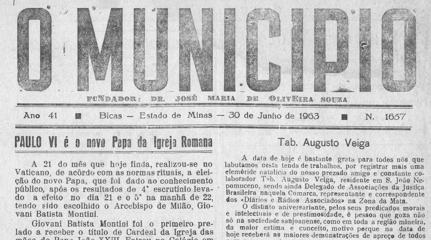 Leia mais sobre o artigo Há 60 anos, em 30/06/1963, O MUNICÍPIO publicava: Paulo VI é o novo Papa / Vida Esportiva / Sociais