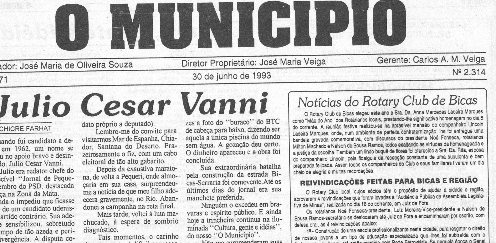 Leia mais sobre o artigo Há 30 anos, em 30/06/1993, O MUNICÍPIO publicava: Júlio Vanni / Notícias do Rotary / Vida Esportiva / Há 50 anos / Nova diretoria da Associação Comercial de Bicas / Sociais / Pequeri em Foco