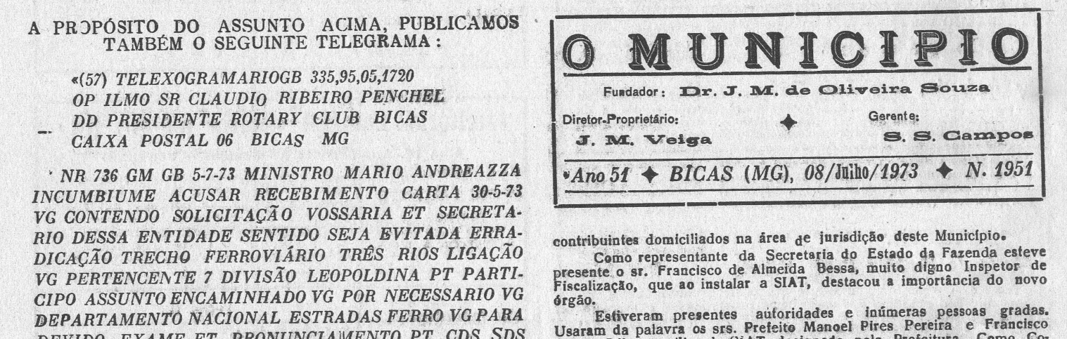 Leia mais sobre o artigo Há 50 anos, em 08/07/1973, O MUNICÍPIO publicava: E agora? Vamos cruzar os braços? Rotary Club / ACAR em foco / O MINI