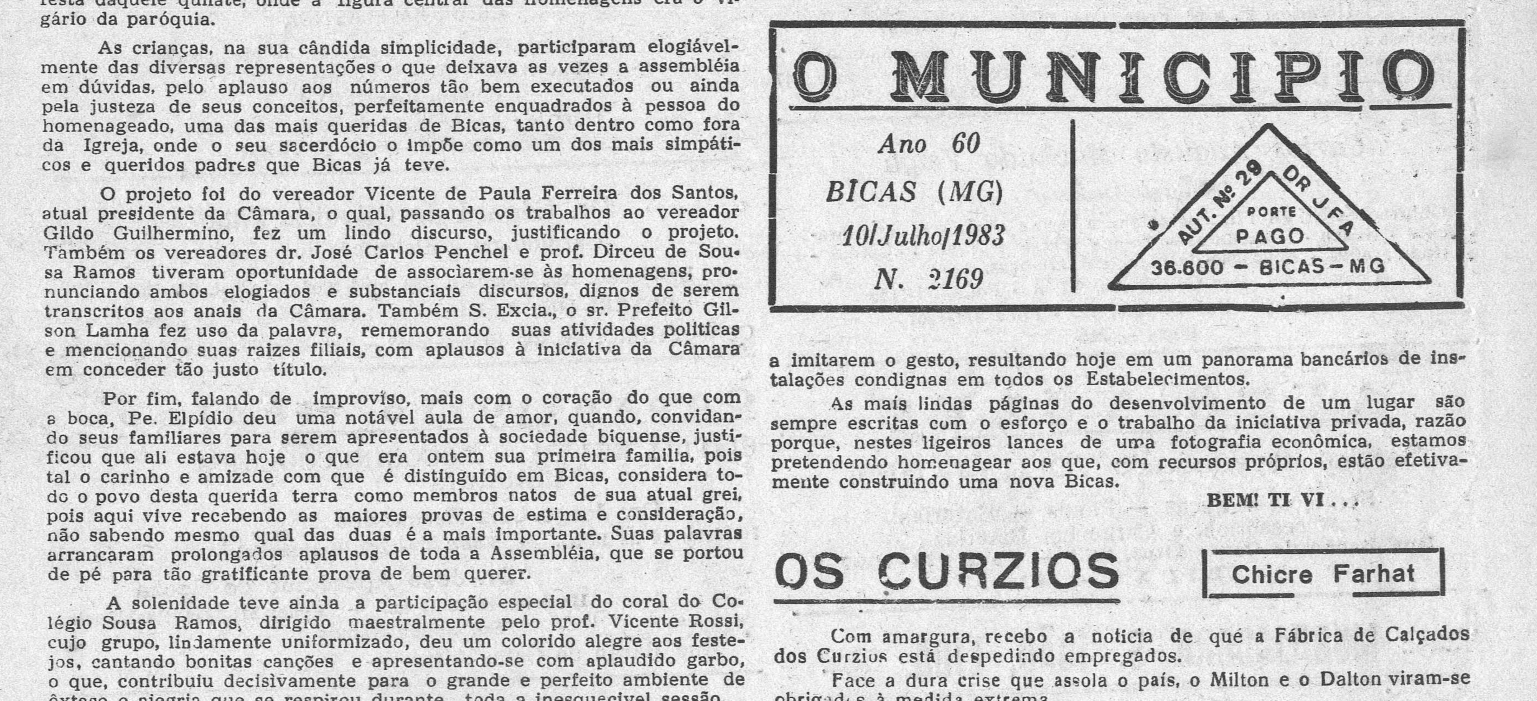 Leia mais sobre o artigo Há 40 anos em 10/07/1983, O MUNICÍPIO publicava: Pe. Elpídio José Barbosa / Flaches econômicos / Os Cúrzios (Chicre Farhat) / Programa da XIII EXPO/BICAS