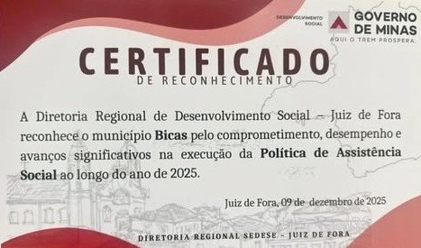 Leia mais sobre o artigo Bicas – Certificado de Reconhecimento – Política de Assistência Social 2025